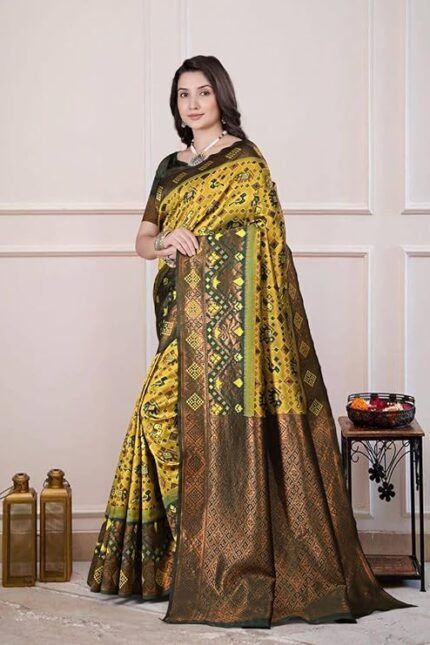 Kanjivaram Patola Saree Women's Woven Jacquard Saree with Rich Copper Zari Pallu & Butti Blouse