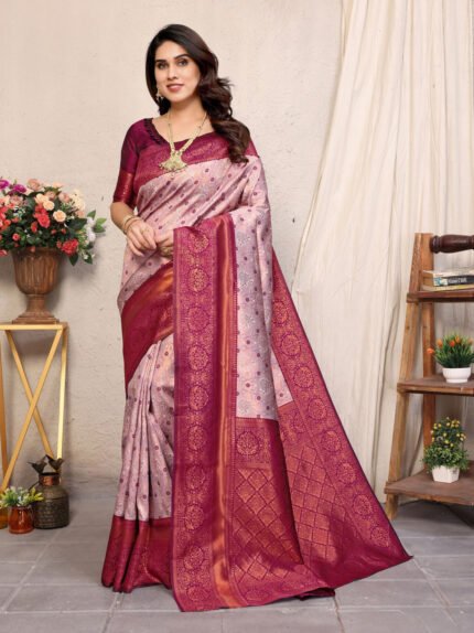 Woven Kanjivaram Silk Blend Saree with Copper Zari Jal & Pan Design (Baby Pink & Sky Blue)